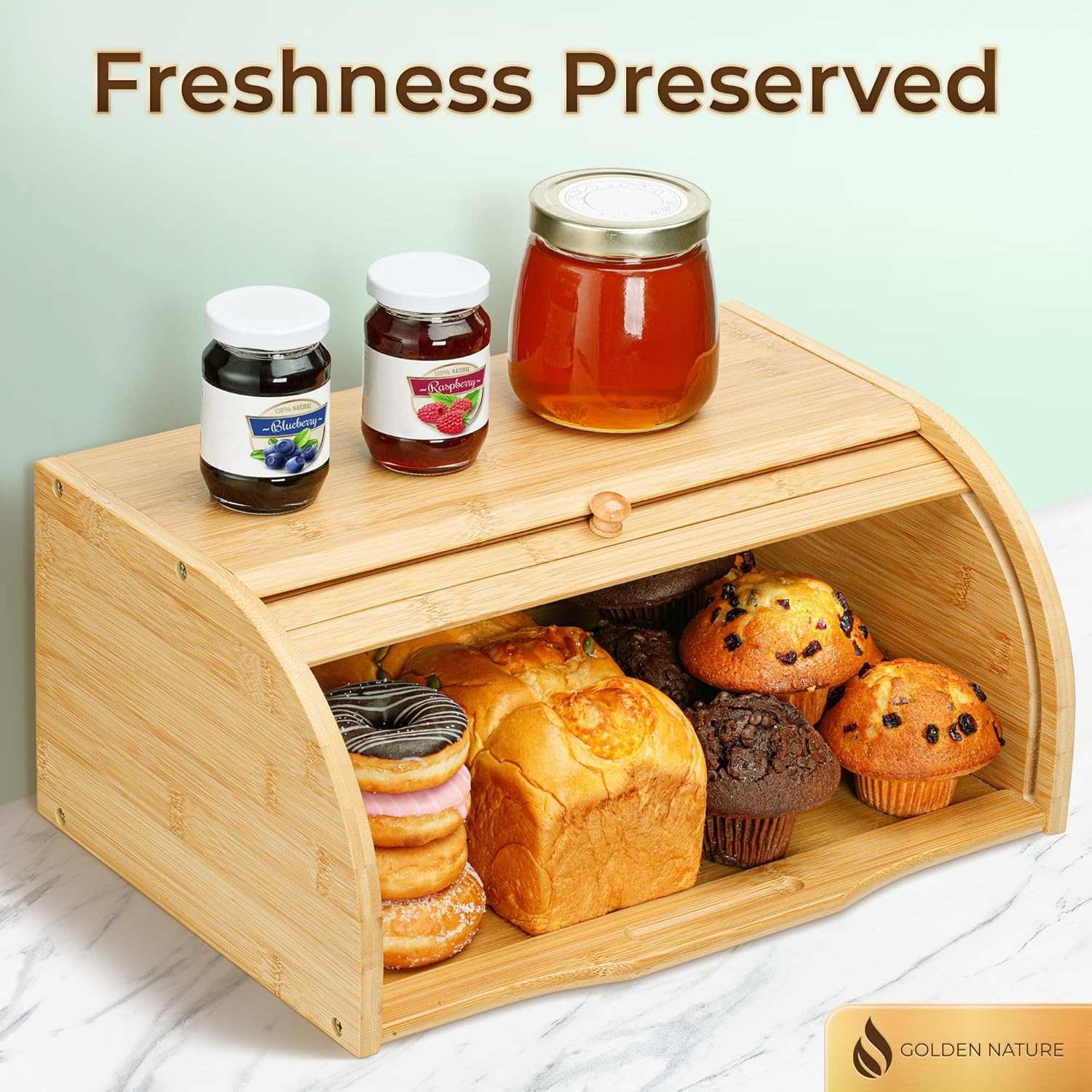 Bamboo Bread Box for Kitchen Countertop, Large Wooden Food Keeper W/Rolling Lid, Vintage Storage Bin for Bagels, Muffins, Cupcakes & Cookies
