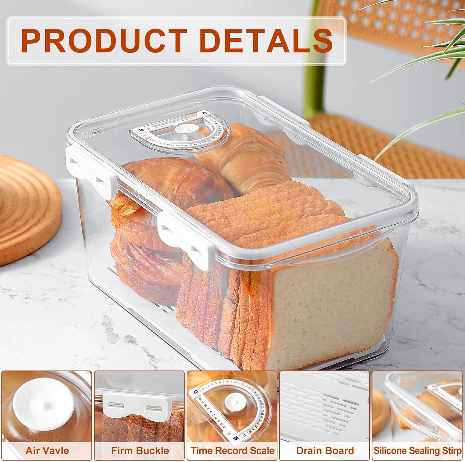 Bread Box for Kitchen Countertop, Airtight Bread Storage Container,Time Recording Bread Holder with Lid,Bread Keeper for Homemade Bread, Toast, Bagel, Donut and Cookies(White)